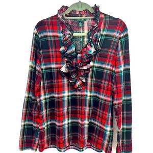 Lauren Ralph Lauren Blouse Tartan Plaid Ruffles Size Large Red Green Blue White